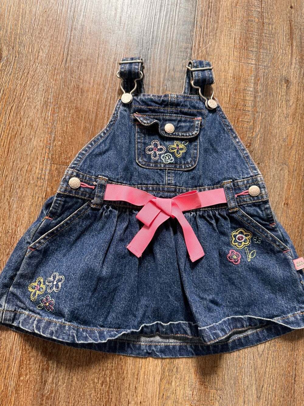 Y2K OshKosh B'gosh Denim Overall Dress Size 6/9 Mos Floral Embroidered